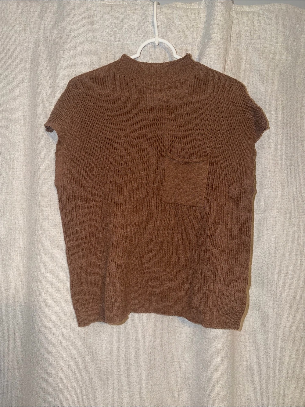 Brown Knit Short Cutoff Sleeve Sweater with Chest Pocket & Mock Neck